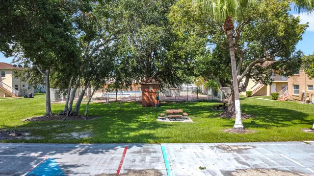 a view of a yard with plants and trees