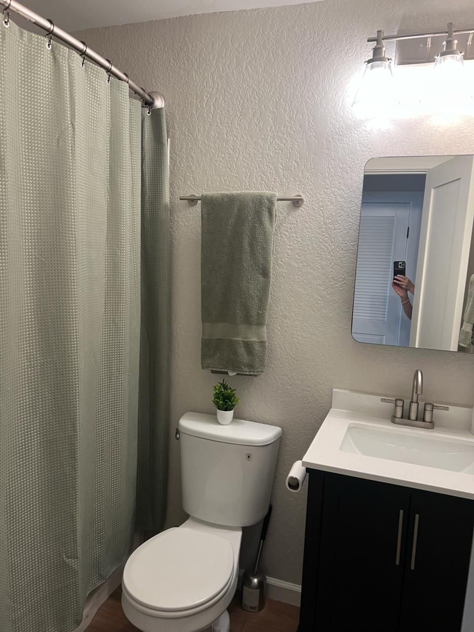 2401 Manor St Road, Unit 118 Austin, TX 78722 - Photo 15 of 17 a bathroom with a sink a toilet a mirror and shower curtain