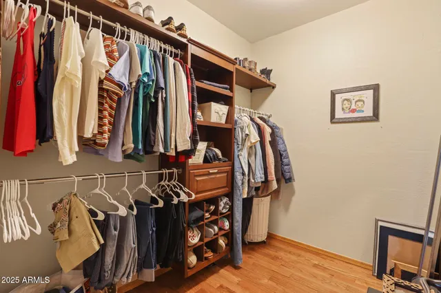 a view of walk in closet with clothes and shoes