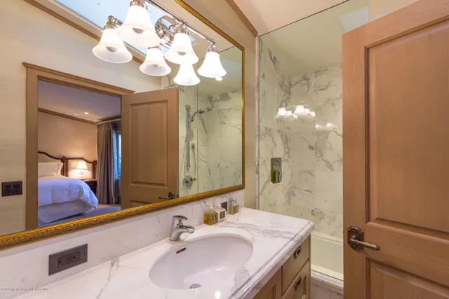 a bathroom with a sink a mirror and a shower