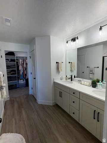 4774 Alder Drive Mapleton, UT 84664 - Photo 11 of 27 Bathroom featuring double vanity, a walk in closet, a textured ceiling, dark wood finished floors, and a shower stall