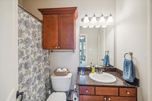 a bathroom with a sink a toilet and mirror