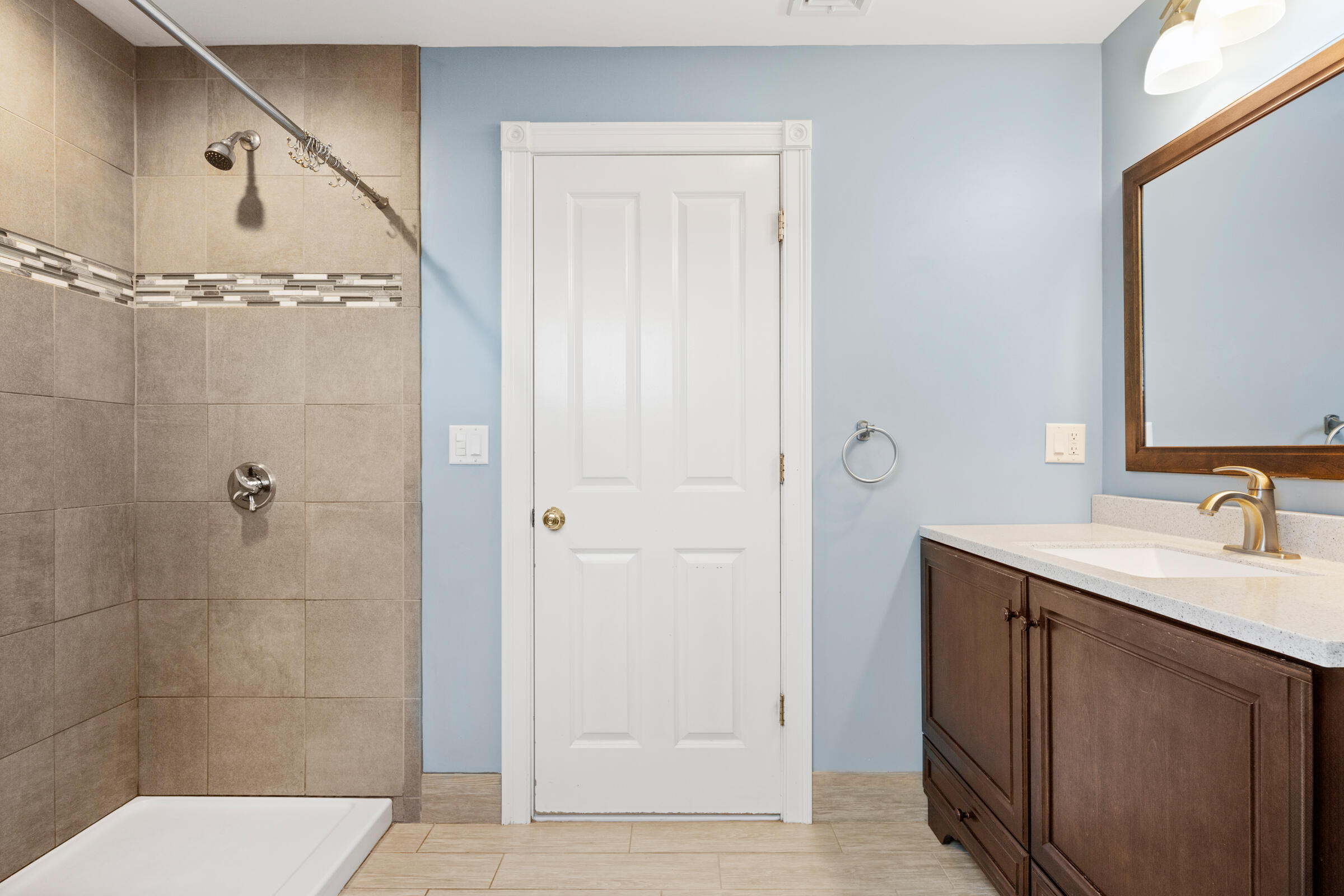 8 Desmond Road Sagamore, MA 02561 - Photo 54 of 71 a bathroom with a granite countertop sink a mirror and shower