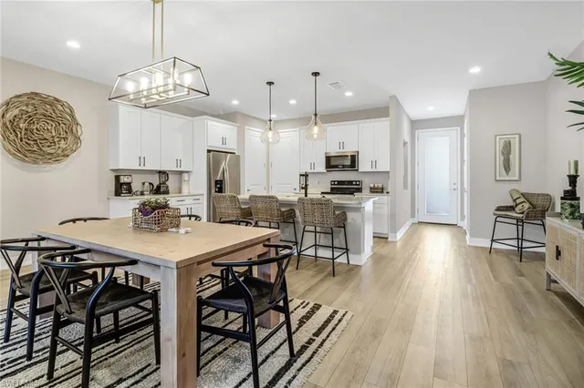 a view of a dining room with furniture and wooden floor