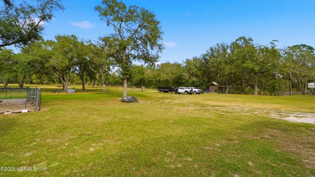 a view of swimming pool with a yard and palm trees