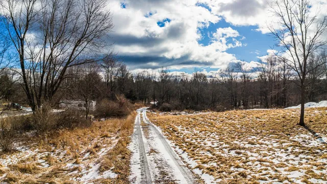 a view of a yard with snow on the road