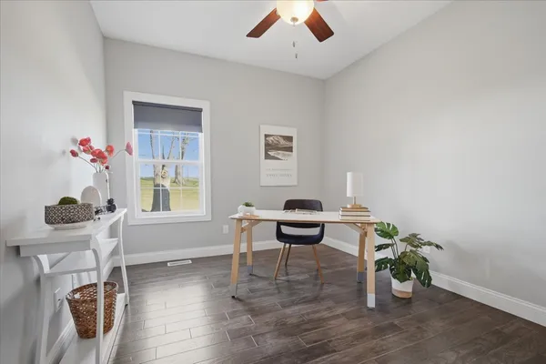a living room with furniture and a potted plant