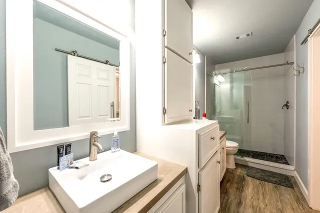 a bathroom with a sink mirror vanity and toilet
