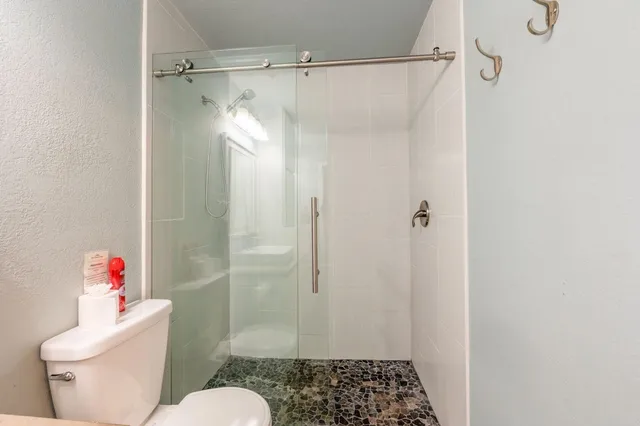 a bathroom with a shower and a toilet