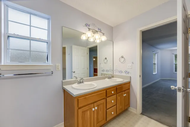 a bathroom with a sink double vanity and a mirror