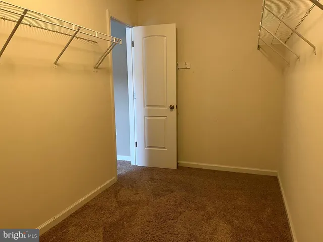 a view of an empty room with closet and a fireplace