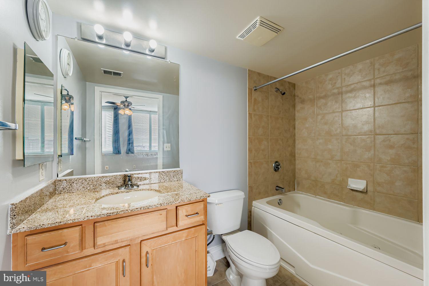 414 Water Street, Unit 1703 Baltimore, MD 21202 - Photo 16 of 34 a bathroom with a granite countertop bathtub shower sink vanity mirror and toilet