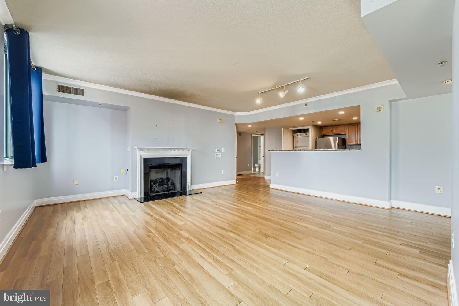 414 Water Street, Unit 1703 Baltimore, MD 21202 - Photo 7 of 34 an empty room with wooden floor and fireplace