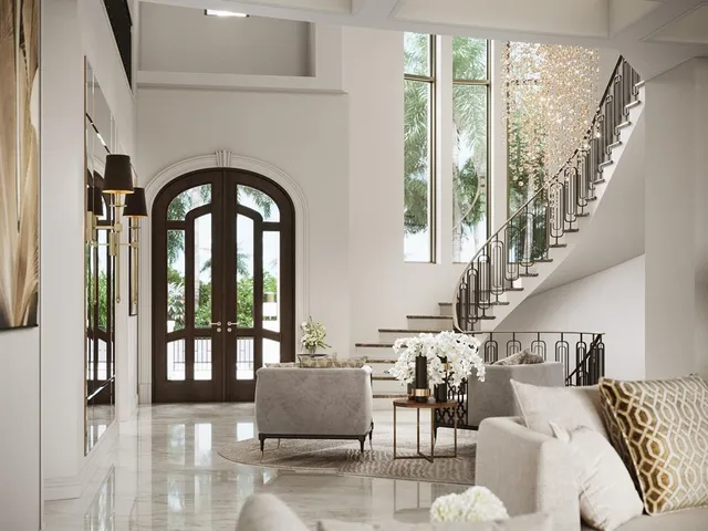 a living room with furniture and floor to ceiling windows