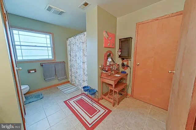 a living room with a rug and a window
