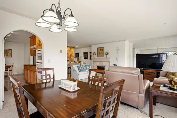 a view of a dining room with furniture
