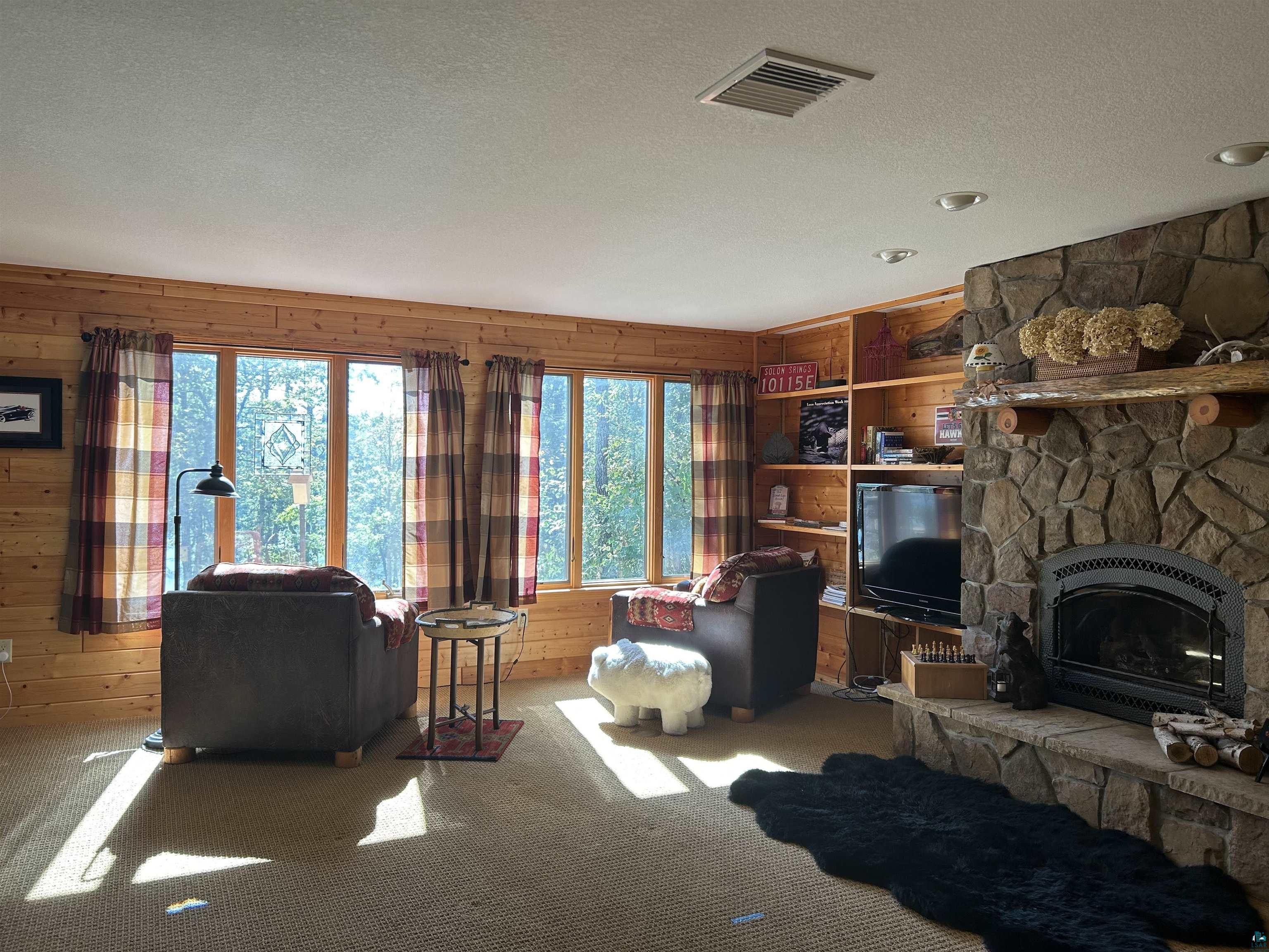 10115 Island Lake Road Solon Springs, WI 54873 - Photo 29 of 56 Carpeted living room with a textured ceiling, wooden walls, and a fireplace