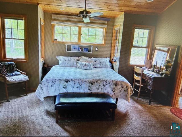 10115 Island Lake Road Solon Springs, WI 54873 - Photo 36 of 56 Carpeted bedroom featuring wooden ceiling and multiple windows