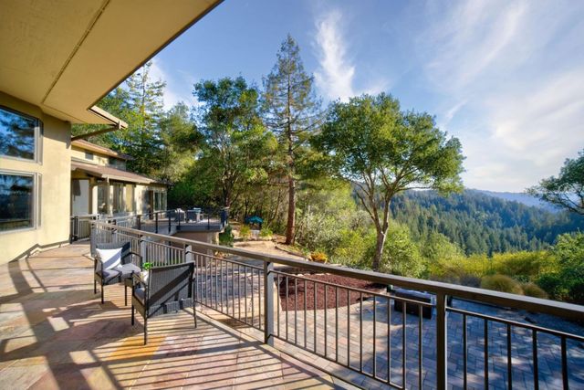a view of a yard with plants and trees