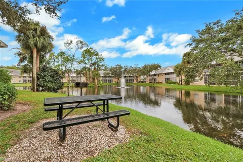 a view of a lake with a bench and trees around