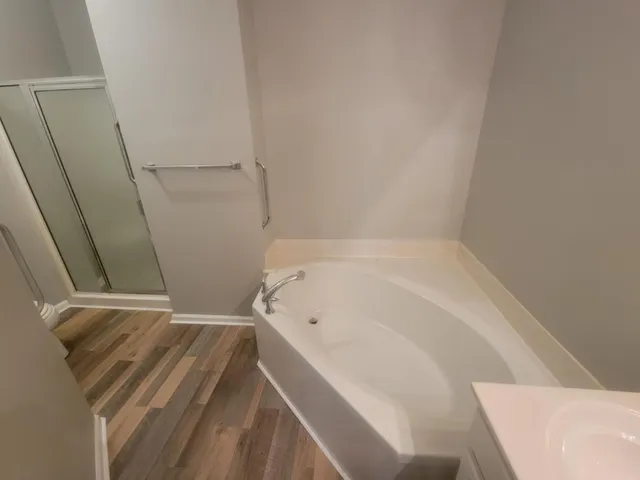 a bathroom with a bathtub