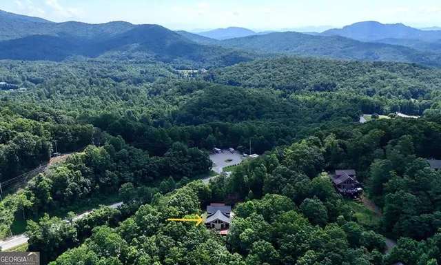 a view of a house with a street lush green forest