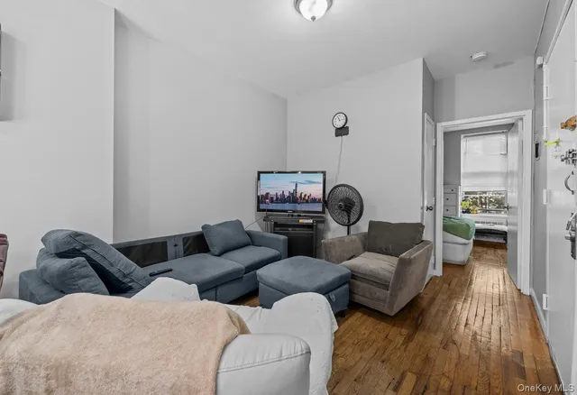 a living room with furniture or couch and a wooden floor