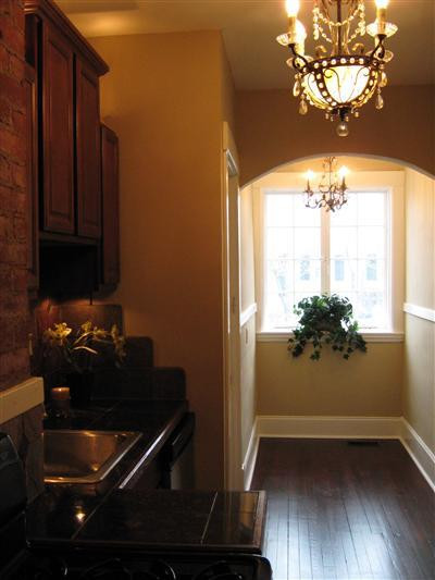 View of cozy breakfast nook in kitchen.