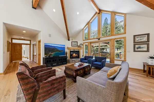 a living room with fireplace furniture and a flat screen tv
