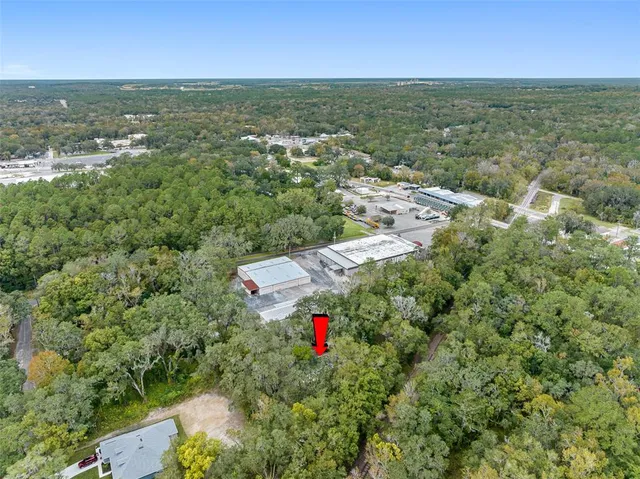 an aerial view of residential houses with outdoor space and trees