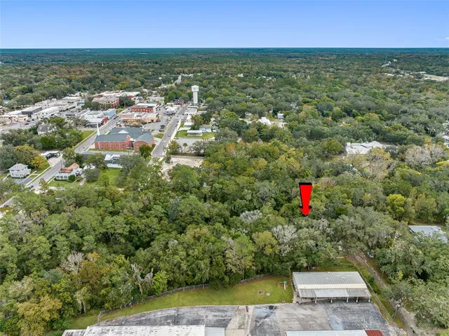 an aerial view of residential houses with yard and city view