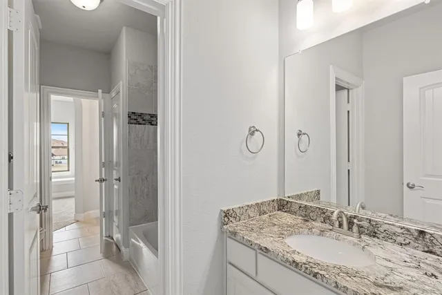 a bathroom with a granite countertop sink shower and a mirror
