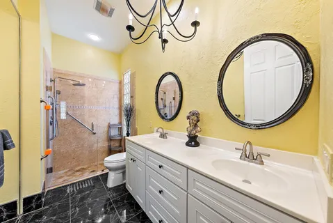 a bathroom with a toilet a sink and a mirror