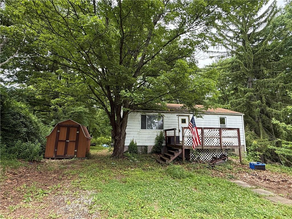 a view of a house with a yard and large tree