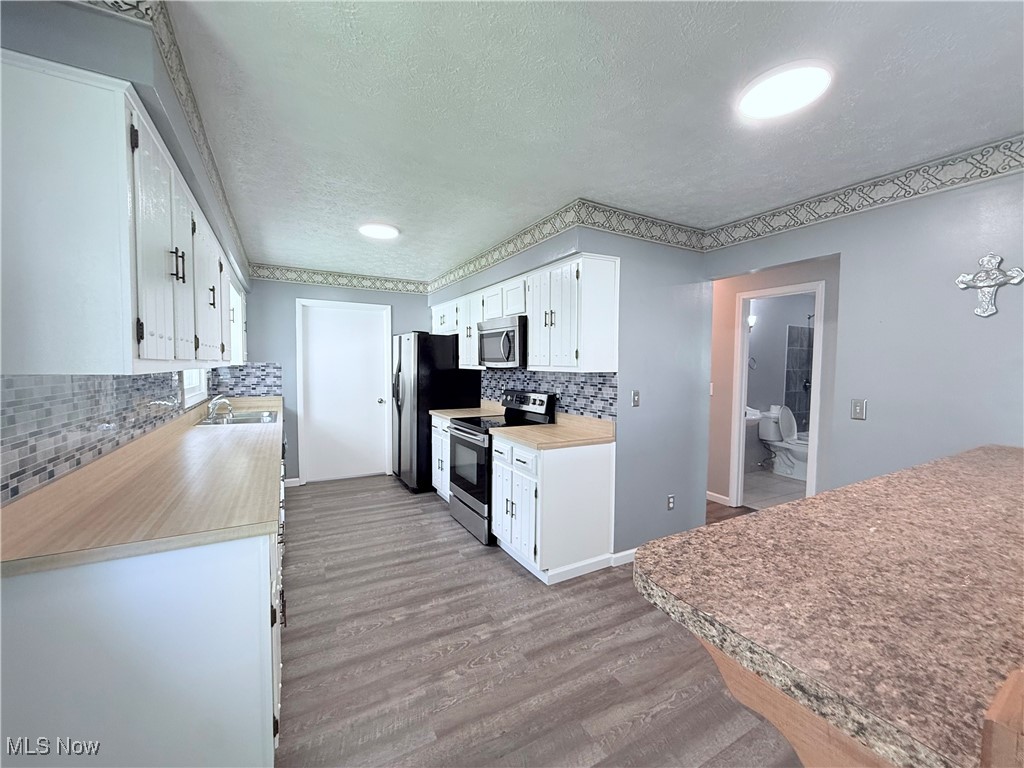 4816 Wake Robin Road Mentor, OH 44060 - Photo 6 of 19 Kitchen with stainless steel appliances, a sink, a textured ceiling, white cabinetry, and tasteful backsplash