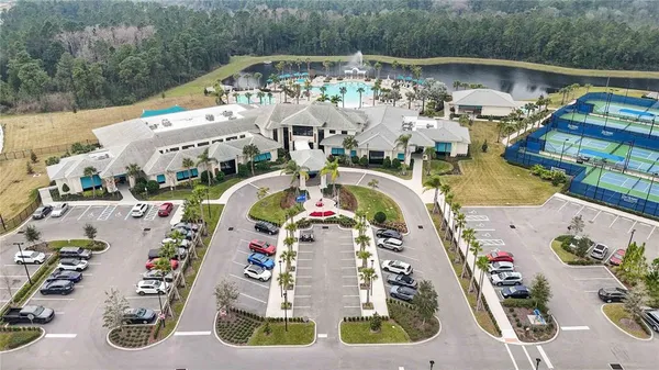 an aerial view of a house with a swimming pool