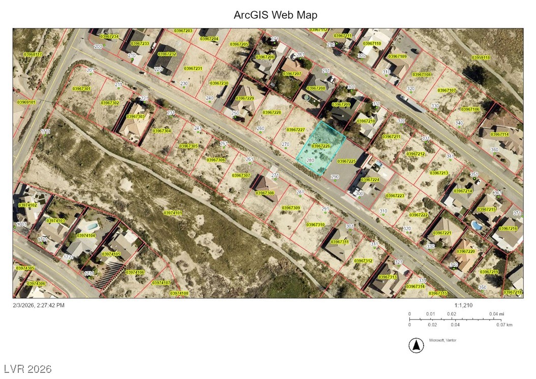 Aerial overview of property's location featuring property boundaries highlighted