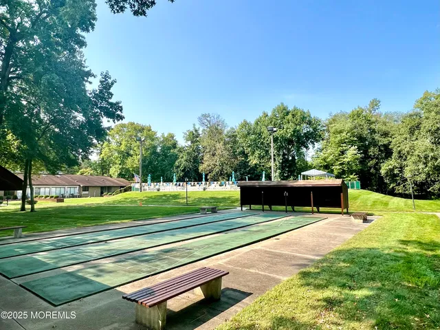 a view of a park with large trees
