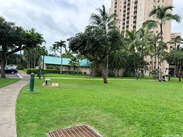 a view of a park with a slide