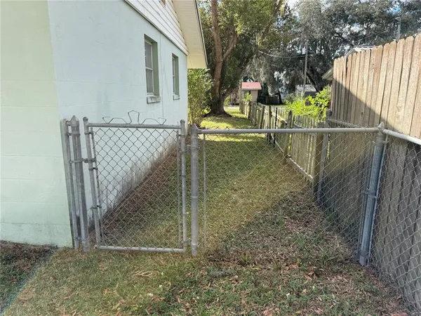 a view of a yard with large trees
