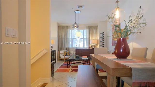 a view of a dining room with furniture