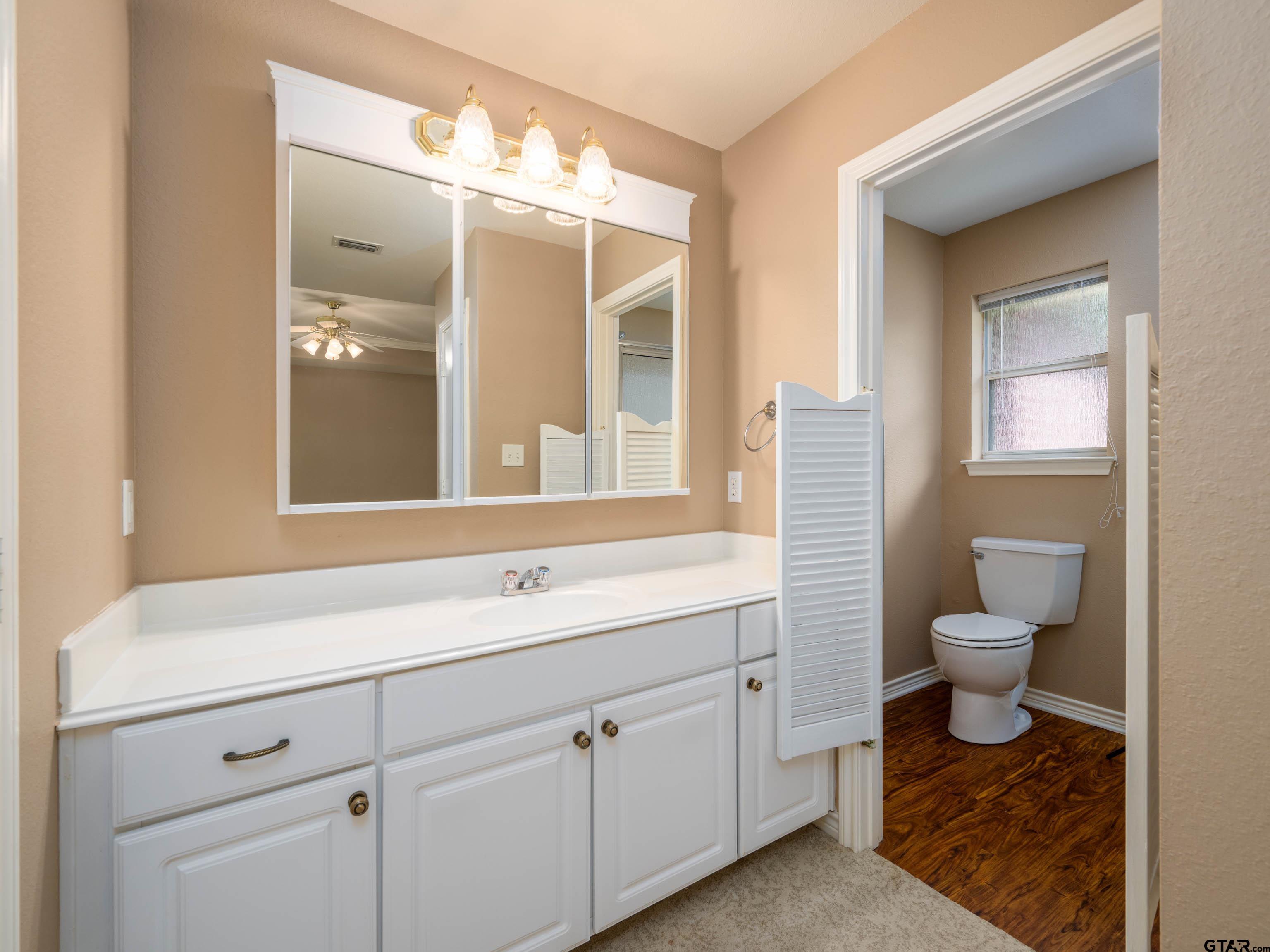 1521 Rice Road Tyler, TX 75703 - Photo 13 of 23 a bathroom with a toilet a sink and mirror
