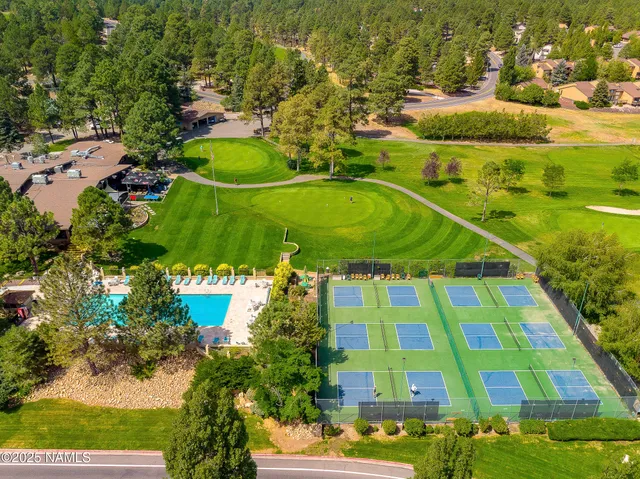 an aerial view of a swimming pool with a yard