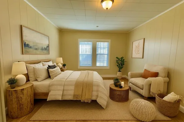 a bedroom with bed and balcony