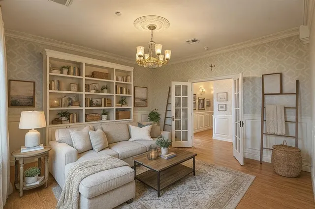 a living room with furniture and a chandelier