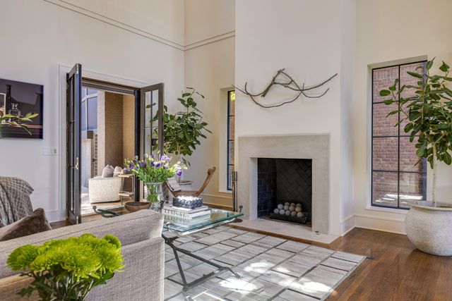 a living room with furniture and a potted plant