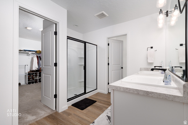 540 Lefty Lane Tooele, UT 84074 - Photo 25 of 48 Bathroom featuring double vanity, a stall shower, a spacious closet, and light wood finished floors