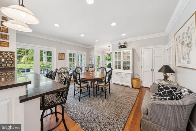 a view of a dining room with furniture and a large window