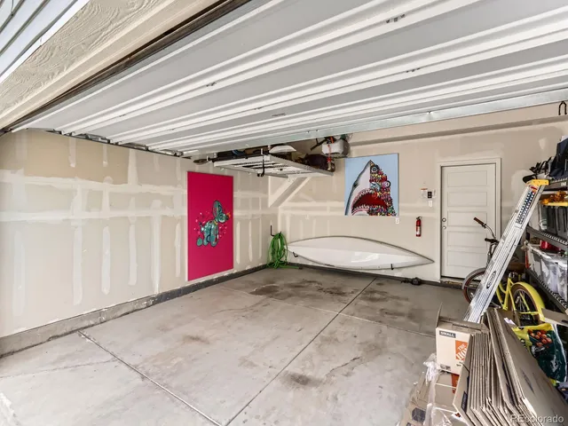 a view of a garage with storage