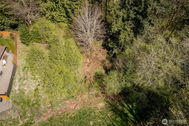 an aerial view of residential house with space and trees